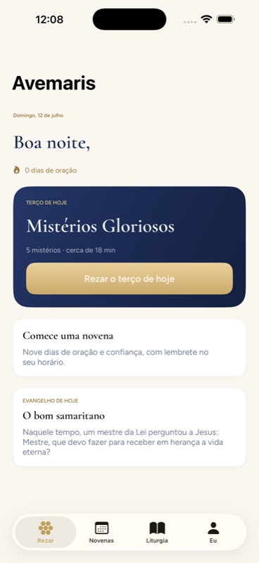 Tela inicial do Avemaris com o terço do dia